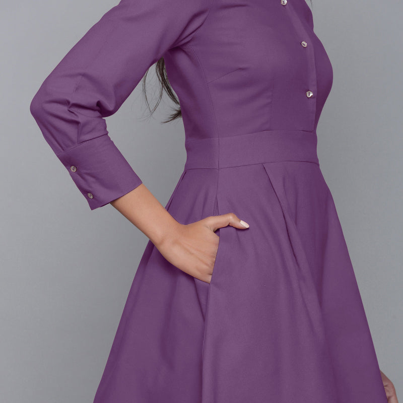 Front Detail of a Model wearing Grape Wine Button-Down Flannel Dress