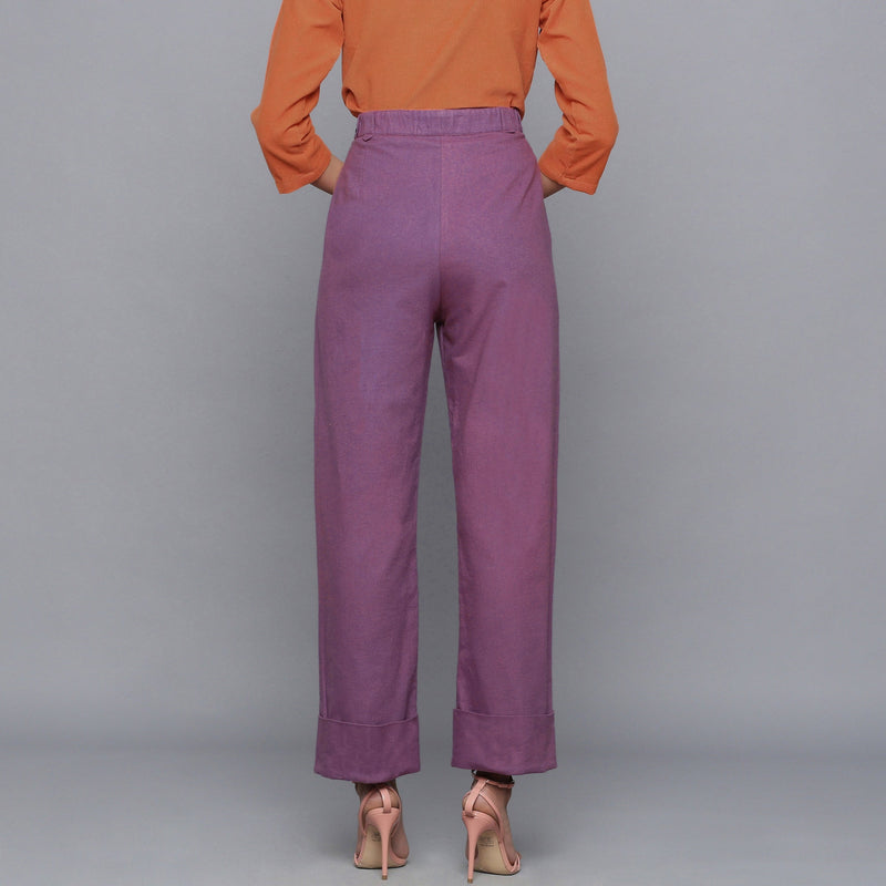 Back View of a Model wearing Wine Flannel Rolled-Up Straight Pant