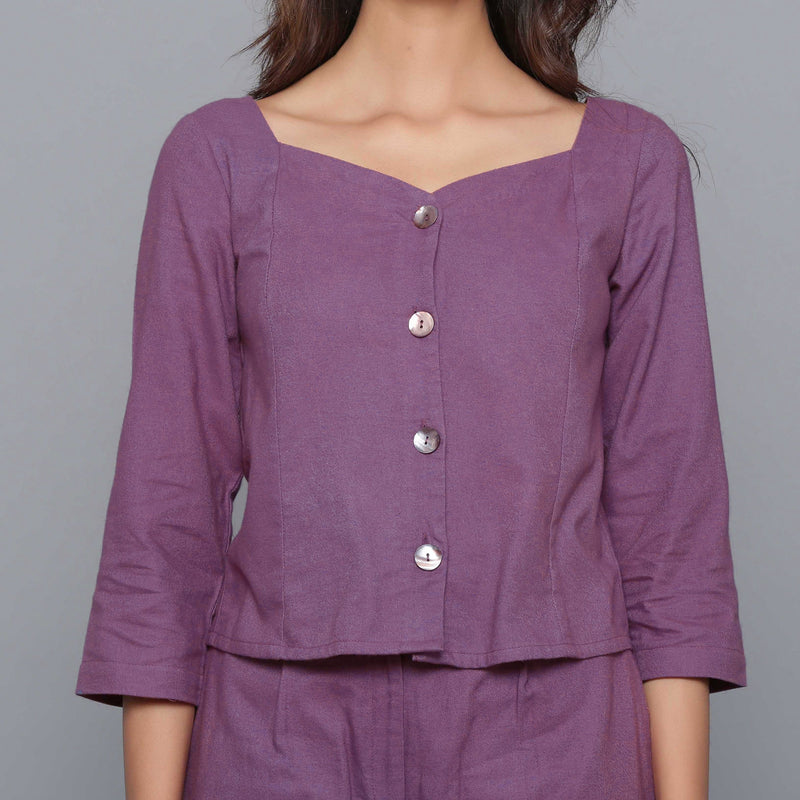 Front Detail of a Model wearing Grape Wine Flannel Sweetheart Neck Top