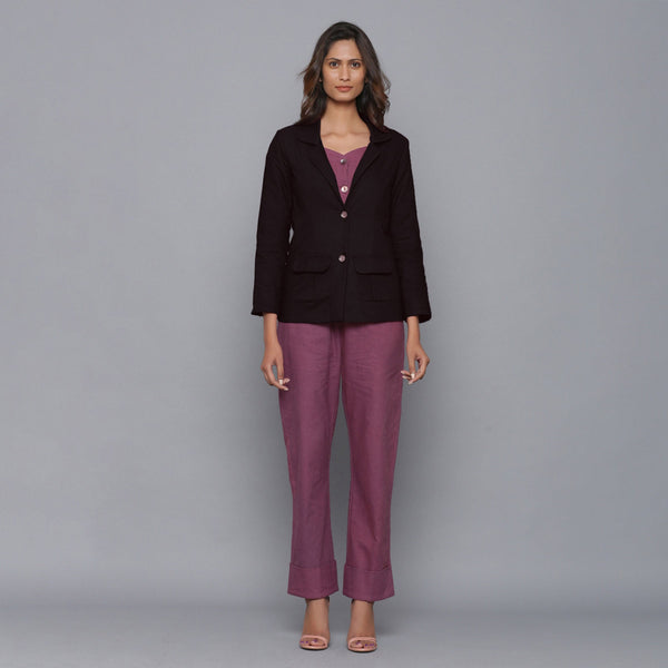 Front View of a Model wearing Grape Wine Flannel Top and Flannel Pant Set