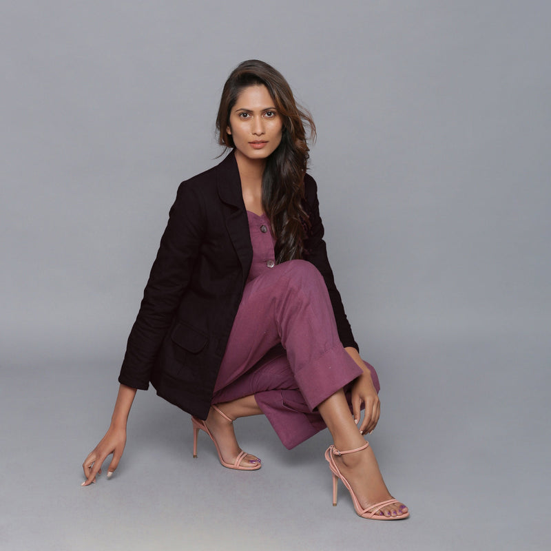 Front View of a Model wearing Grape Wine Flannel Top and Flannel Pant Set