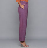 Left View of a Model wearing Wine Flannel Rolled-Up Straight Pant