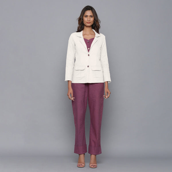 Front View of a Model wearing Grape Wine Flannel Top and Wine Pant Set