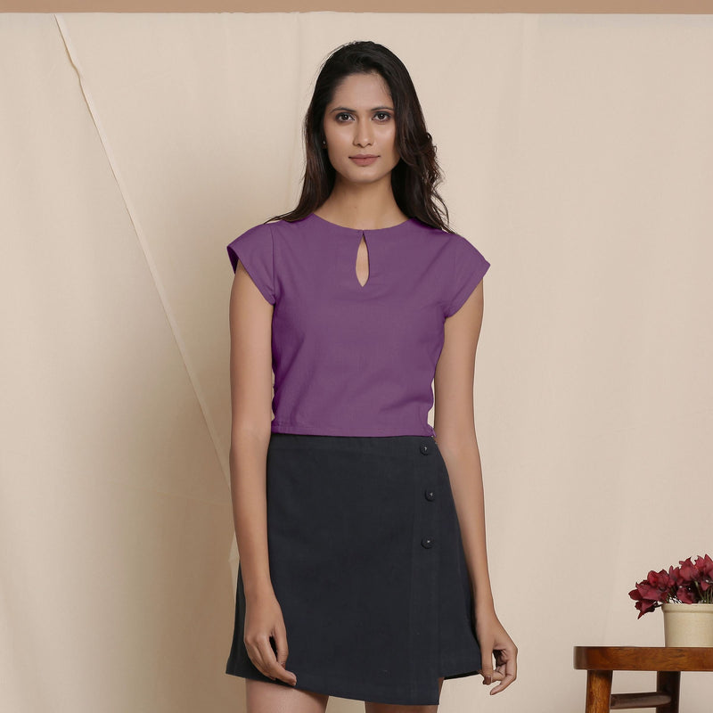 Front View of a Model wearing Grape Wine Top and Overlap Skirt Set
