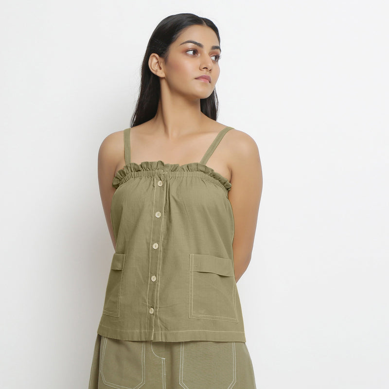 Front View of a Model wearing Vegetable-Dyed Green 100% Cotton Cami Top