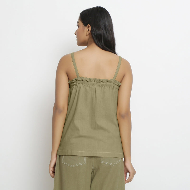 Back View of a Model wearing Vegetable-Dyed Green 100% Cotton Cami Top