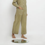 Right View of a Model wearing Khaki Green Patch Pocket Straight Fit Pant