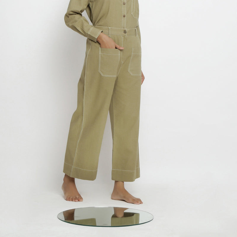 Right View of a Model wearing Khaki Green Patch Pocket Straight Fit Pant