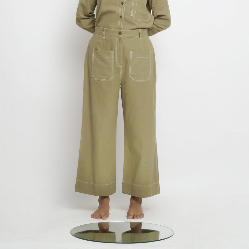Front View of a Model wearing Khaki Green Patch Pocket Straight Fit Pant