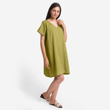 Front View of a Model wearing Green Cotton Flax V-Neck Tunic