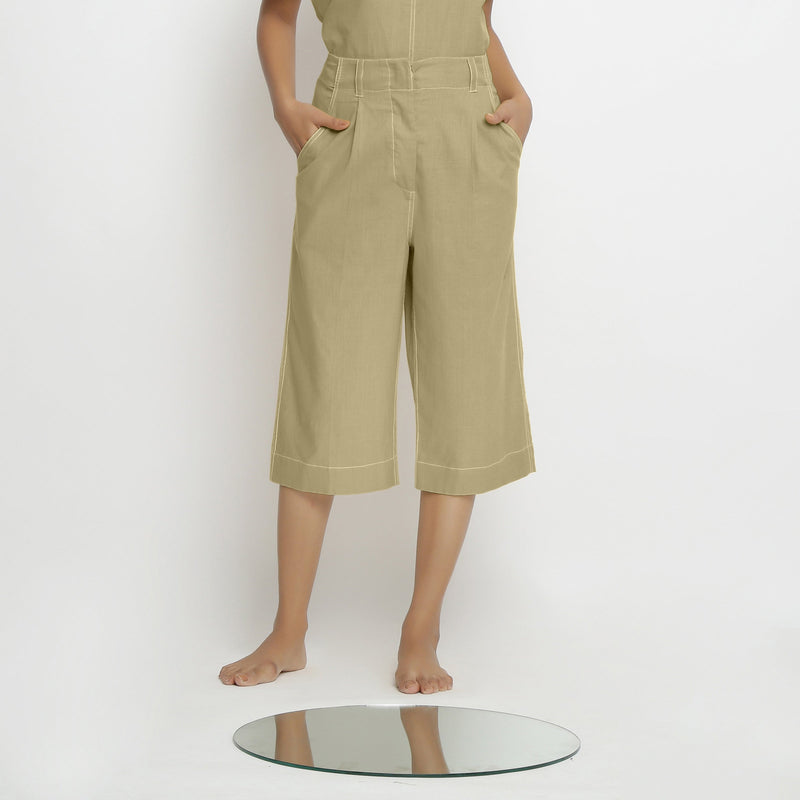 Front View of a Model wearing Mid-Rise Green Vegetable Dyed Cotton Culottes