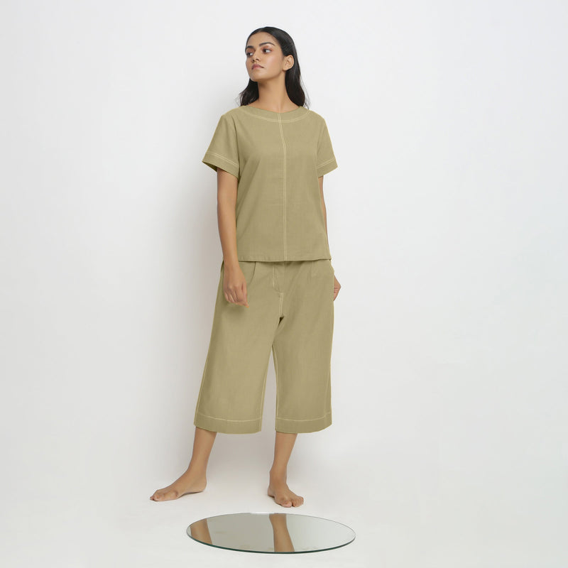 Front View of a Model wearing Green Cotton Top and Mid-Rise Culottes Set