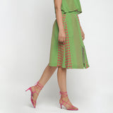 Right View of a Model wearing Green Crinkled Cotton Geometric A-Line Skirt