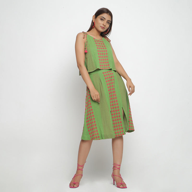 Front View of a Model wearing Green Crinkled Cotton Geometric A-Line Skirt