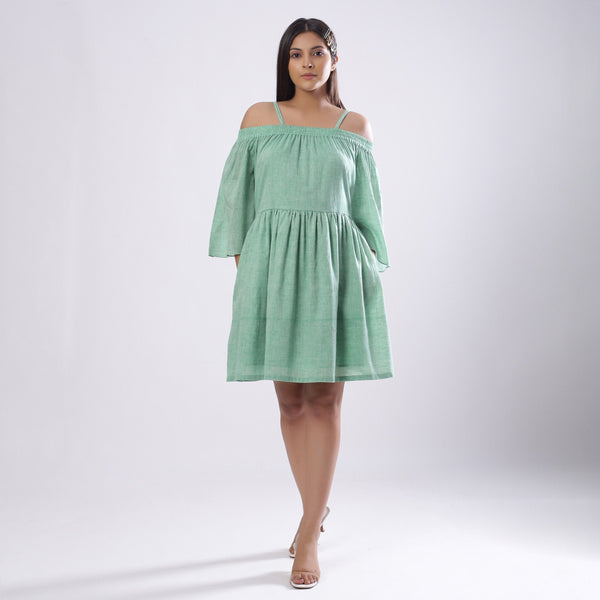 Front View of a Model wearing Green Off-Shoulder Fit and Flare Dress