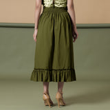Back View of a Model wearing Olive Green A-Line Ruffled Cotton Skirt