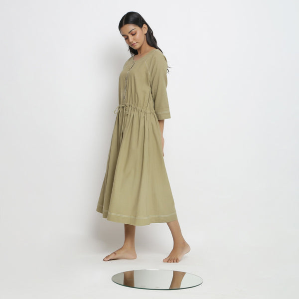 Left View of a Model wearing Green Raglan Sleeves Button-Down Dress