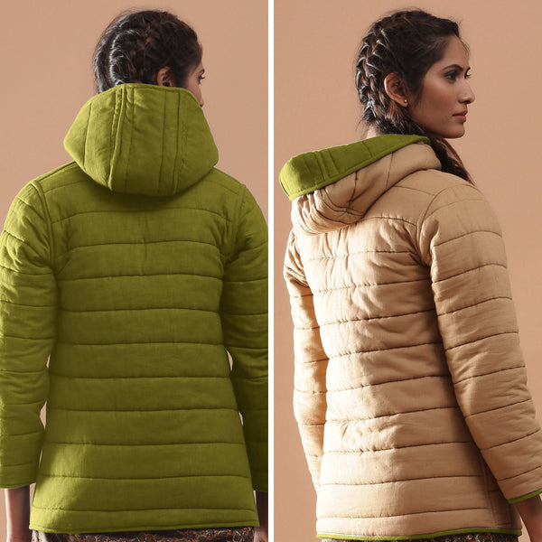 Back View of a Model wearing Green Reversible Detachable Hoodie Quilted Cotton Jacket