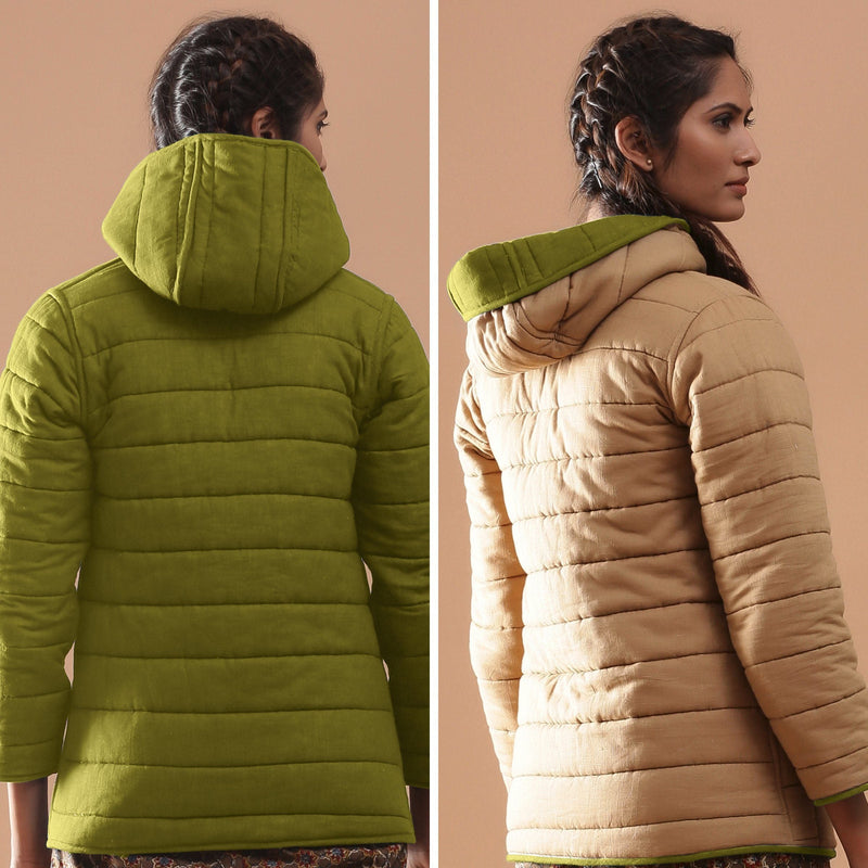 Back View of a Model wearing Green Reversible Detachable Hoodie Quilted Cotton Jacket