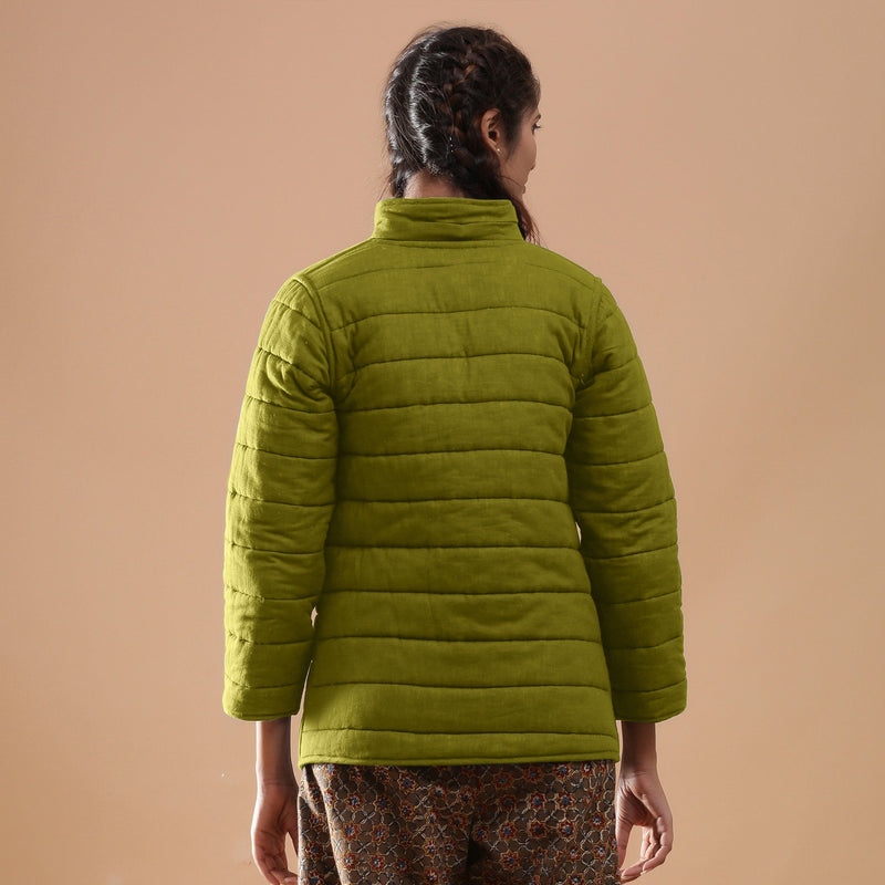 Back View of a Model wearing Green Reversible Detachable Hoodie Quilted Cotton Jacket