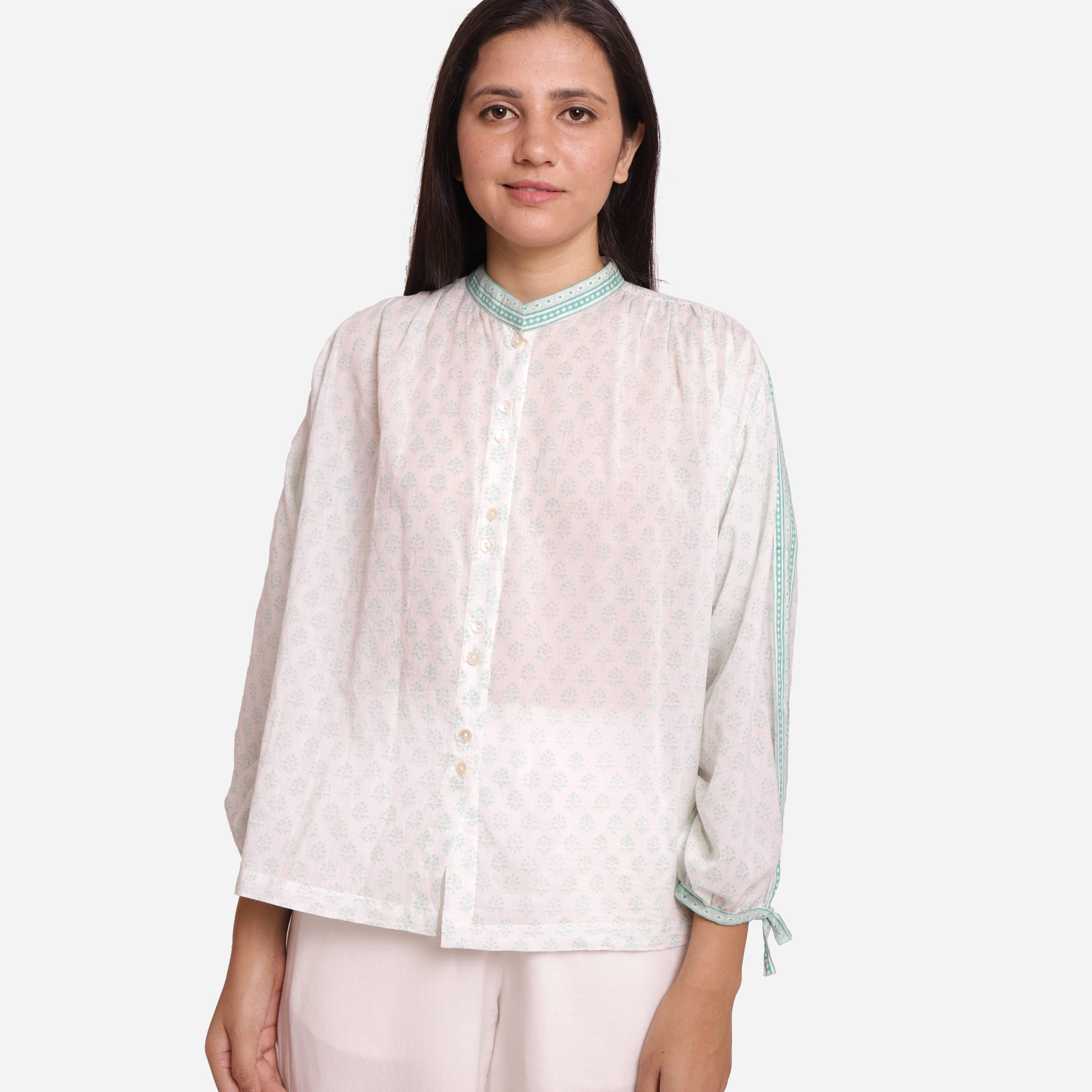 Green Sanganeri Block Print Cotton Mandarin Collar Blouse Top
