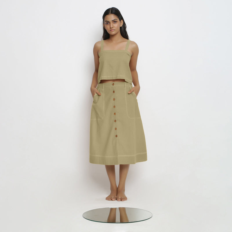 Front View of a Model wearing Green Spaghetti Top and Khaki Green Skirt Set
