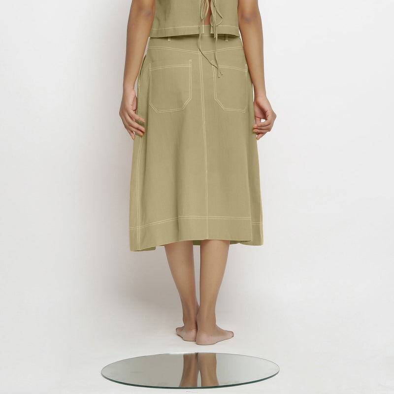 Back View of a Model wearing Khaki Green Vegetable Dyed Button-Down Skirt