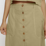Front Detail of a Model wearing Khaki Green Vegetable Dyed Button-Down Skirt