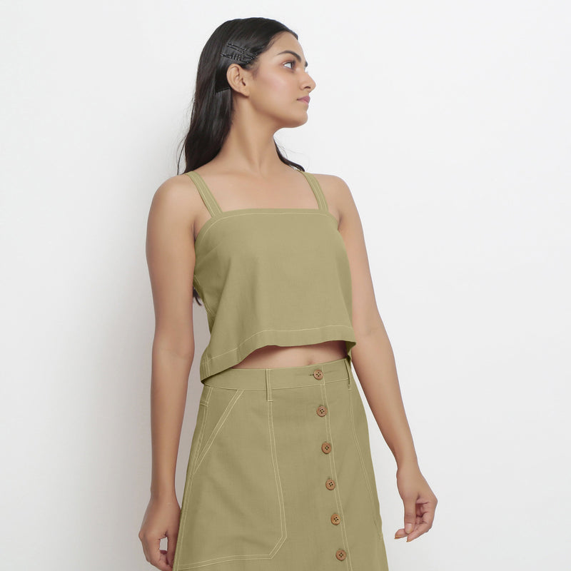 Front Detail of a Model wearing Green Spaghetti Top and Mid-Rise Skirt Set