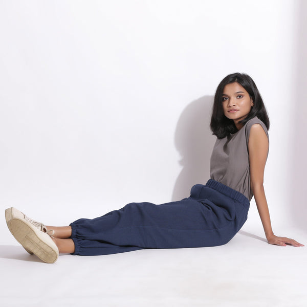 Front View of a Model wearing Grey Essential Top and Navy Blue Pant Set