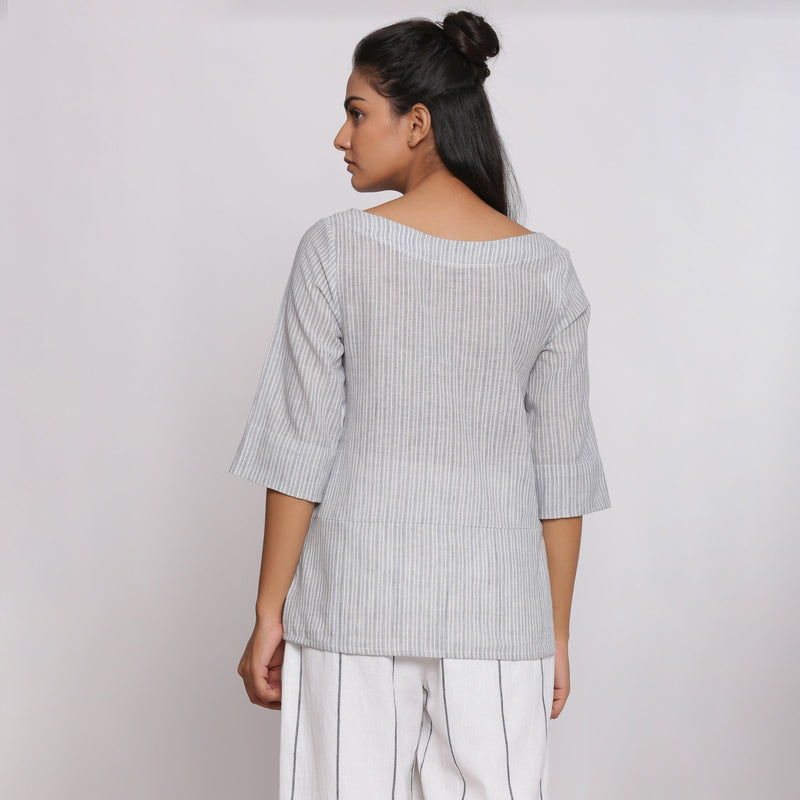 Grey Handspun Cotton Boat Neck Relaxed Sleeves Top