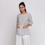 Grey Handspun Cotton Boat Neck Relaxed Sleeves Top