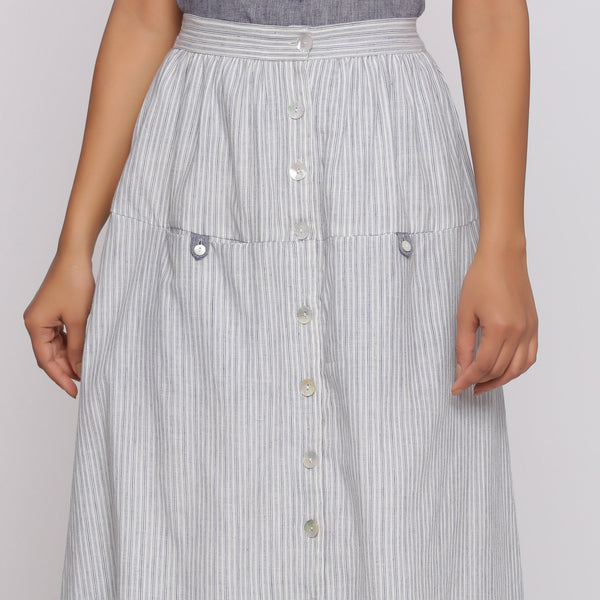 Grey Stripes Handspun Cotton Elasticated Mid-Rise Maxi Skirt