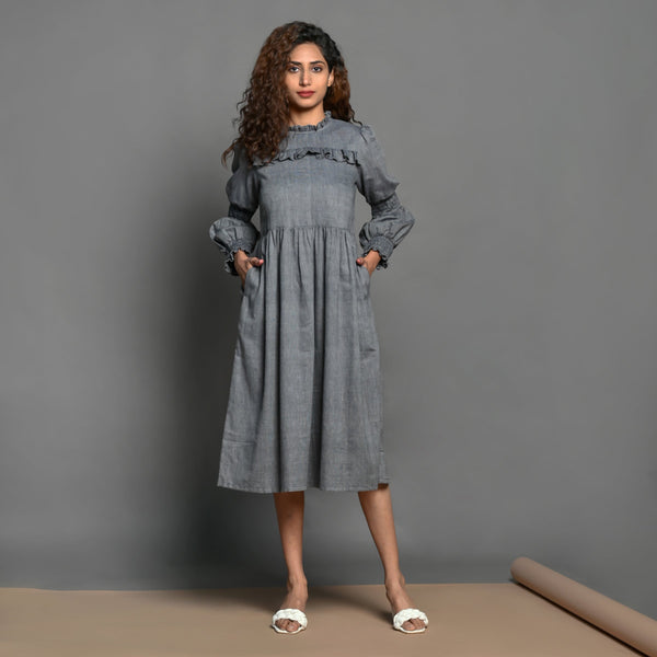 Front View of a Model wearing Grey Handspun Cotton Frilled Peasant Dress