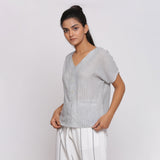 Grey Striped Handspun Cotton V-Neck Half Sleeve Shirt