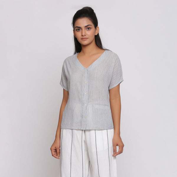 Grey Striped Handspun Cotton V-Neck Half Sleeve Shirt