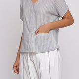 Grey Striped Handspun Cotton V-Neck Half Sleeve Shirt