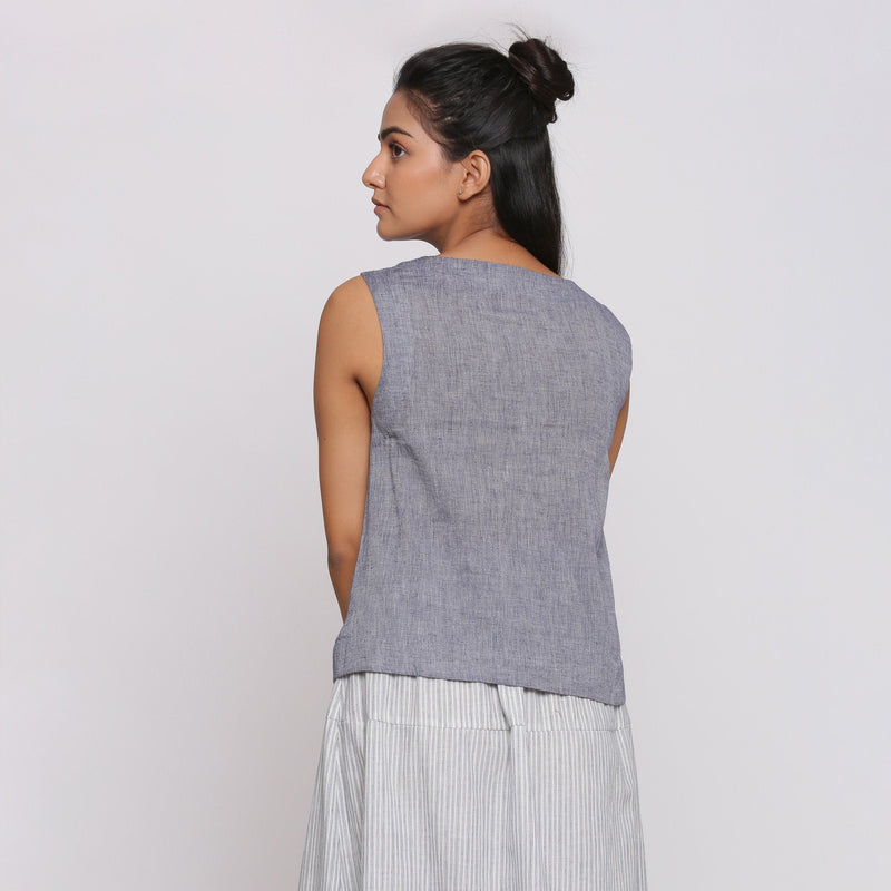 Back View of a Model wearing Grey Split Neck Button Down Top