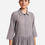 Front Detail of a Model wearing Grey Yarn Dyed Cotton Button-Down Dress