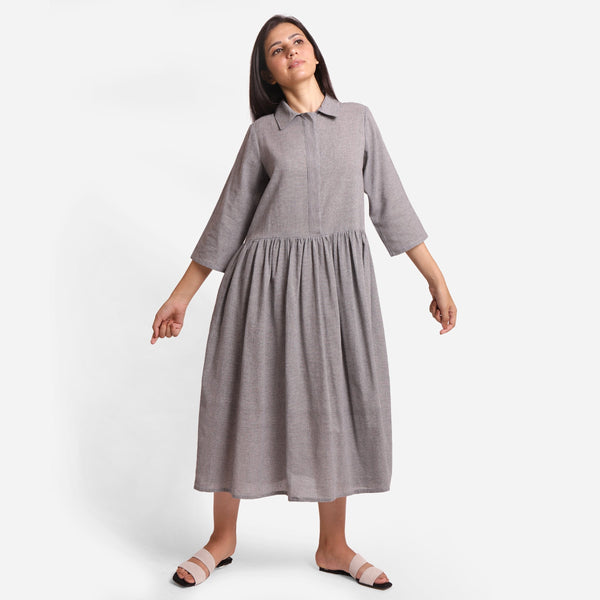 Front View of a Model wearing Grey Yarn Dyed Cotton Button-Down Dress