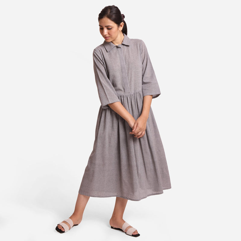 Front View of a Model wearing Grey Yarn Dyed Cotton Button-Down Dress