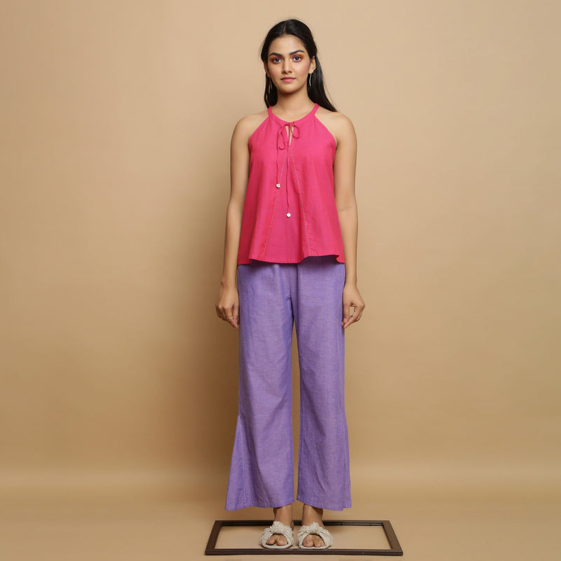 Front View of a Model wearing Hand Embroidered Flared Top and Godet Pant Set