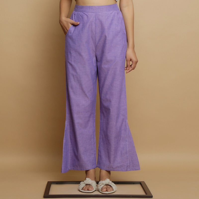 Front View of a Model wearing Lavender Ankle Length Godet Pant