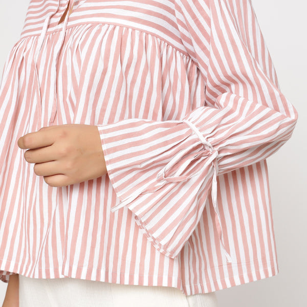 Left Detail of a Model wearing Hand Screen Printed Gathered Top