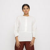 Front View of a Model wearing Hand beaded Cotton Poplin Button-Down Top