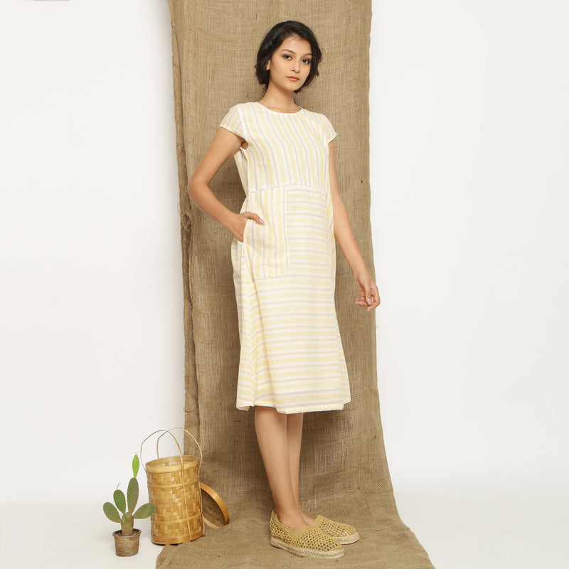 Ecru and Yellow Striped Handspun Cotton Midi Yoked Dress