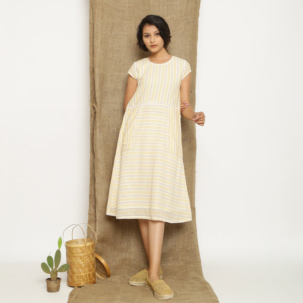 Ecru and Yellow Striped Handspun Cotton Midi Yoked Dress