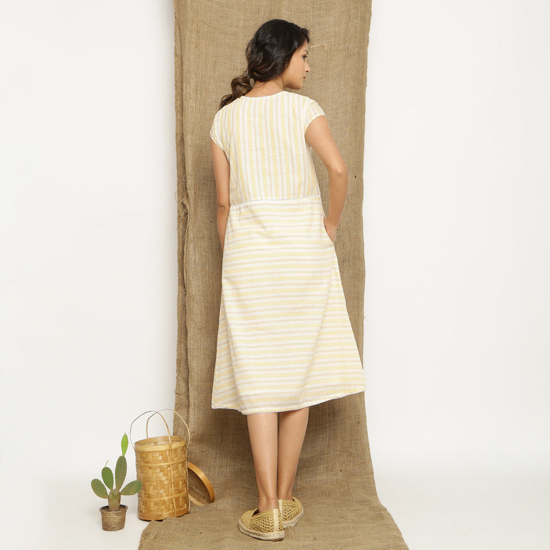 Ecru and Yellow Striped Handspun Cotton Midi Yoked Dress