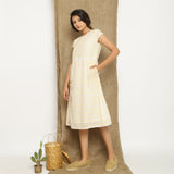 Ecru and Yellow Striped Handspun Cotton Midi Yoked Dress