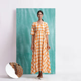 Melon Orange Checks Handspun Cotton Flared Maxi Dress